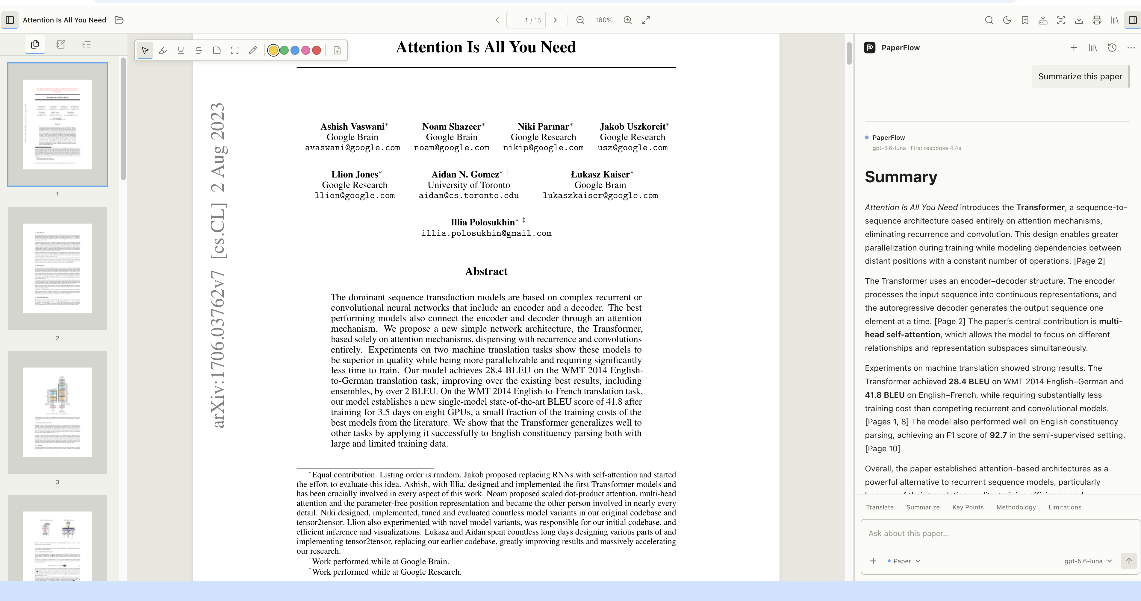 PaperFlow Reader showing Attention Is All You Need with page thumbnails, annotation tools, and page-aware AI