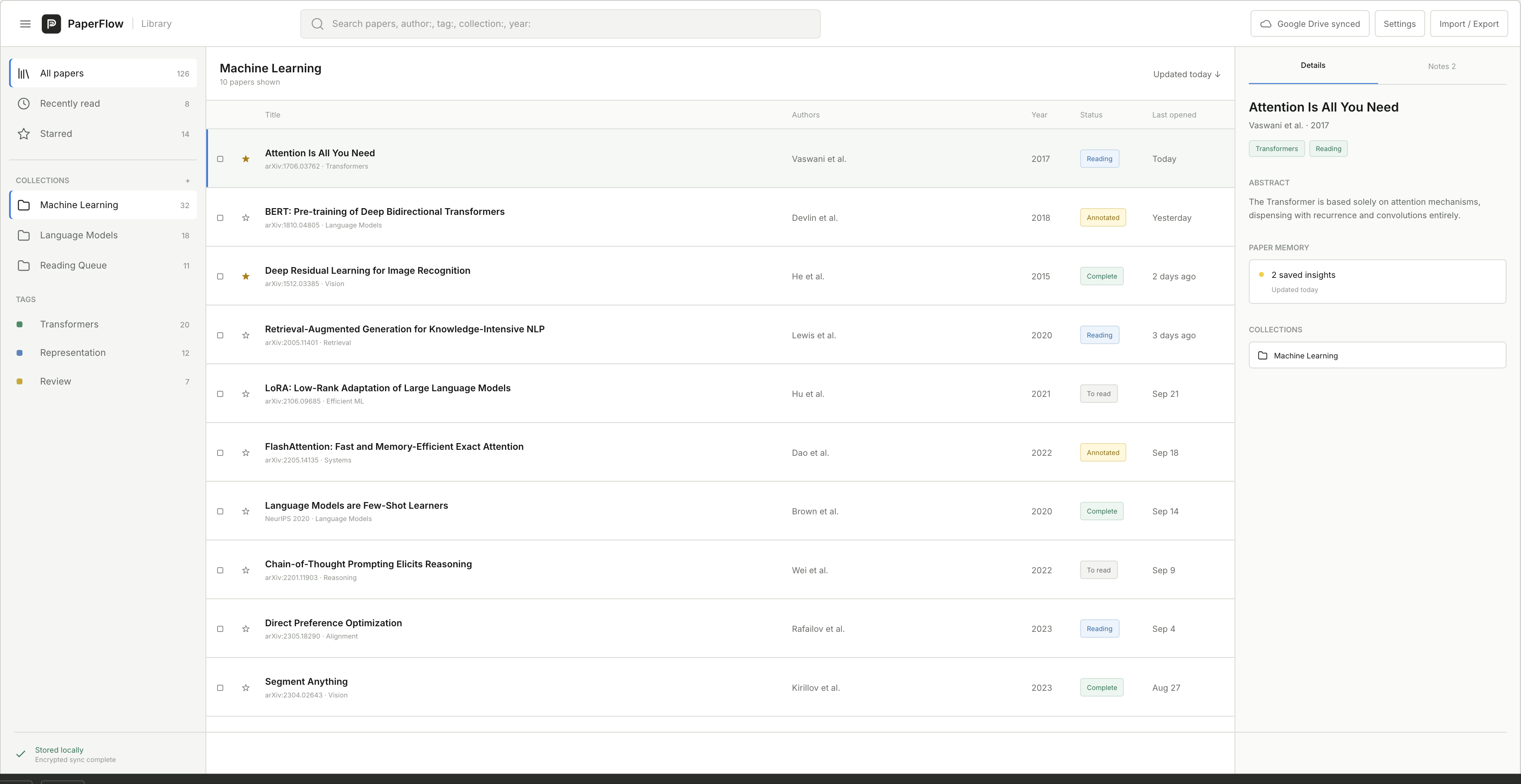 PaperFlow research library with collections, searchable metadata, and reading status